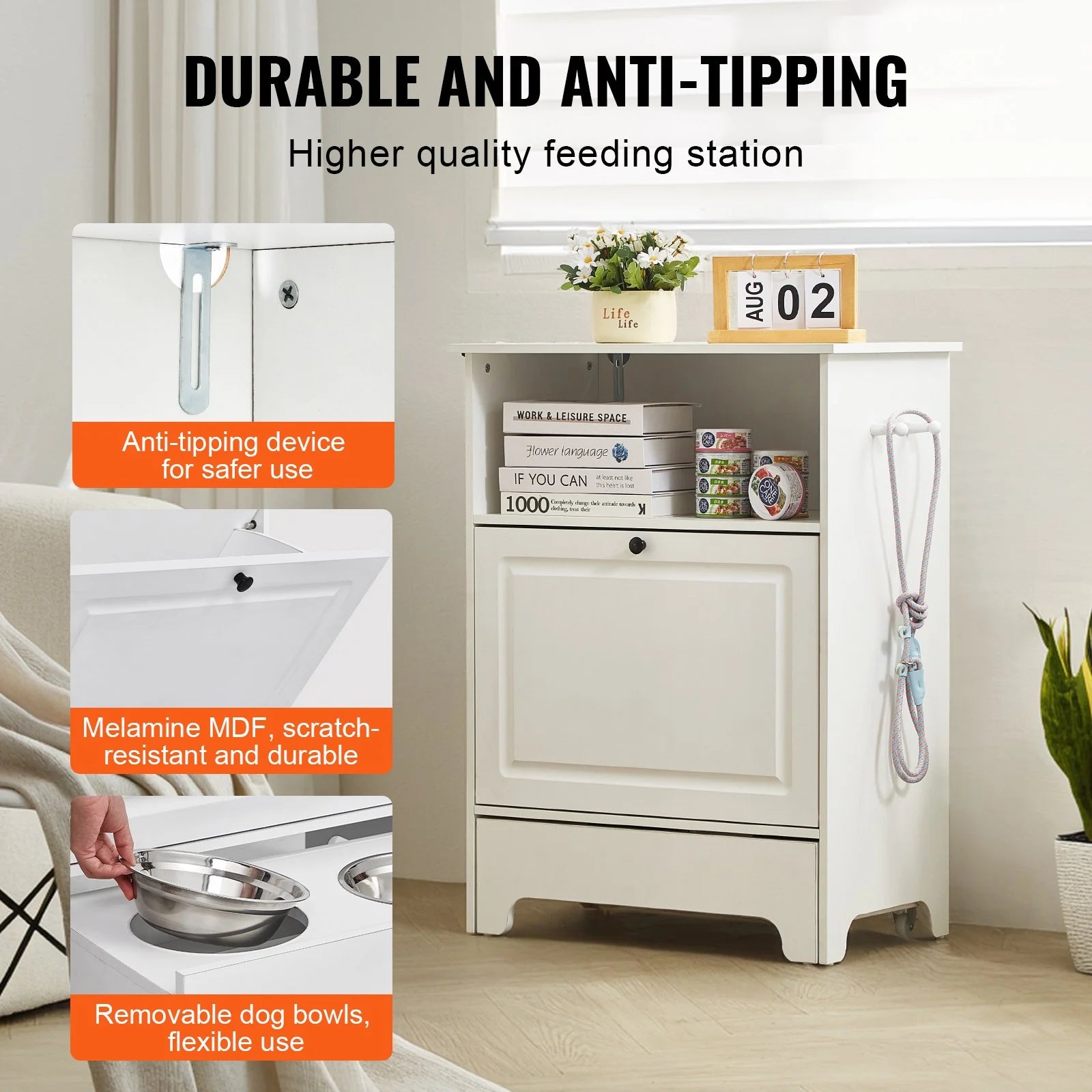 VEVOR Pet Feeding Station W/ 2 Elevated Dog Bowls Dog Food & Toy Storage Cabinet