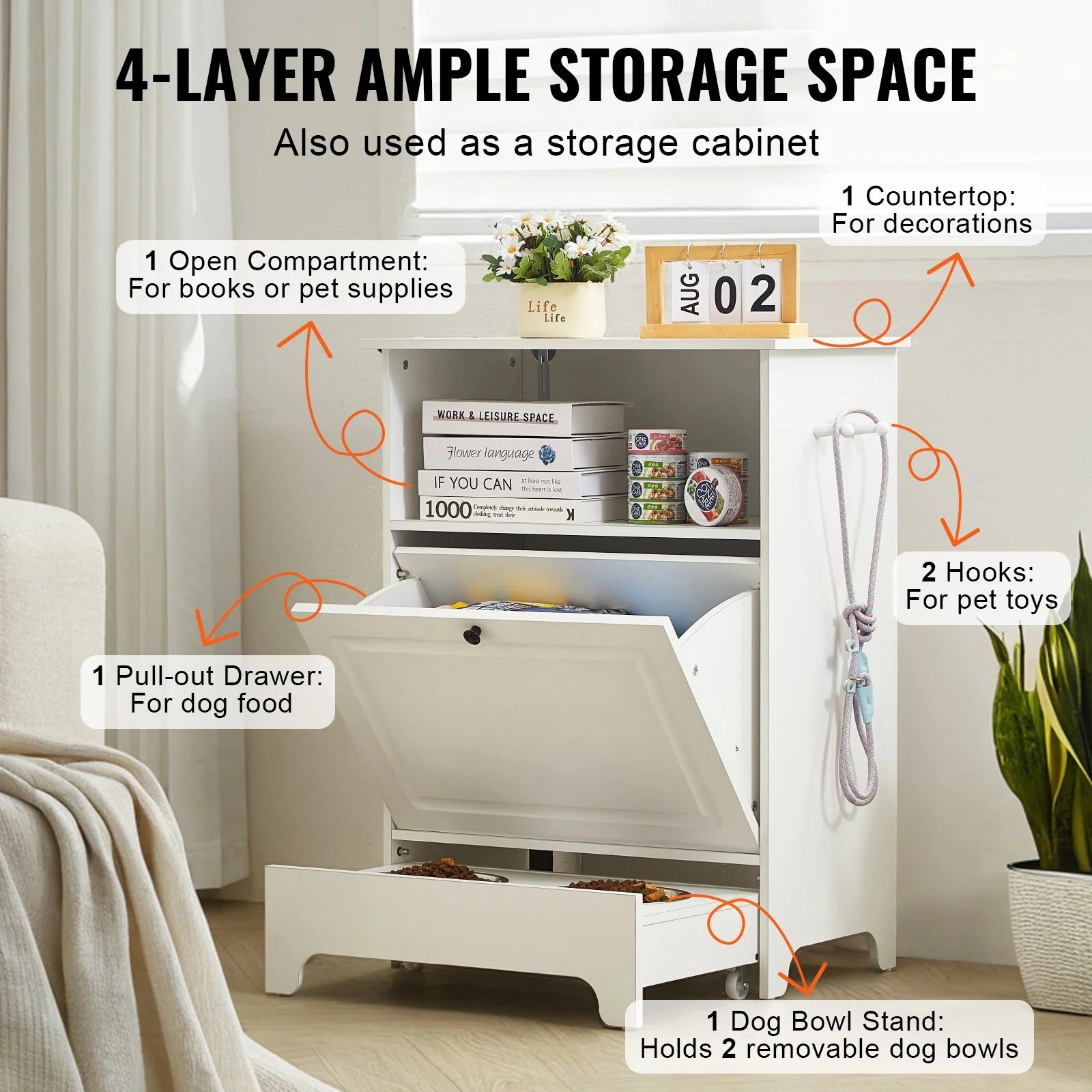 VEVOR Pet Feeding Station W/ 2 Elevated Dog Bowls Dog Food & Toy Storage Cabinet